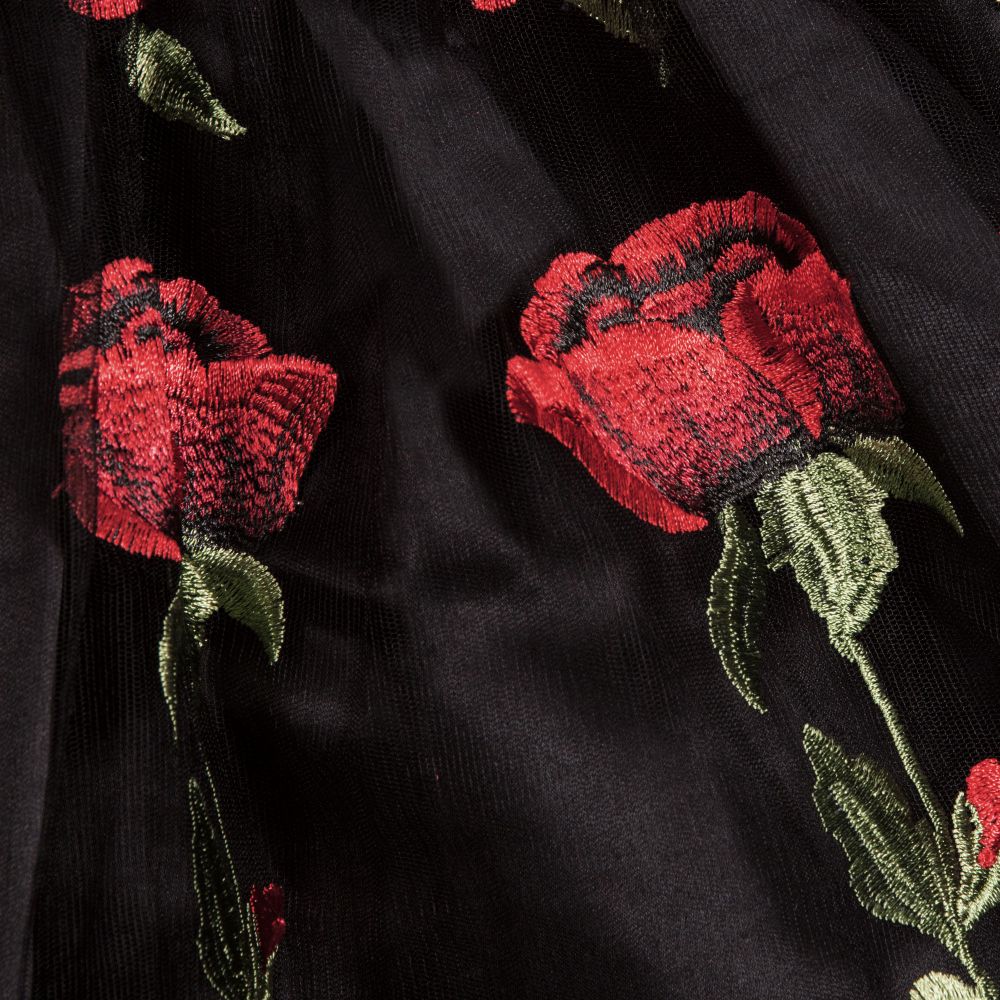 Black dress with online red roses embroidery