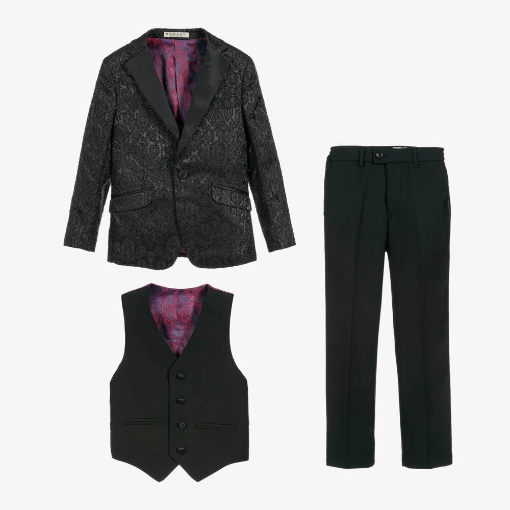 Romano-Boys Black Jacquard Suit | Childrensalon Outlet