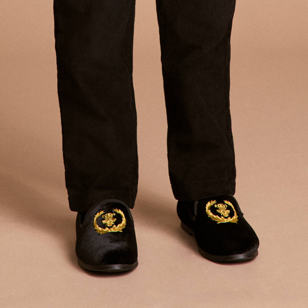 Romano-Boys Black Velvet Crest Loafers | Childrensalon Outlet