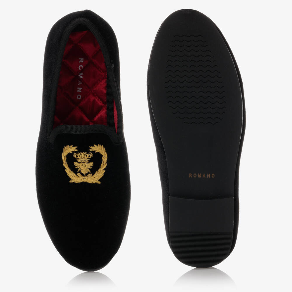 Romano-Boys Black Velvet Crest Loafers | Childrensalon Outlet