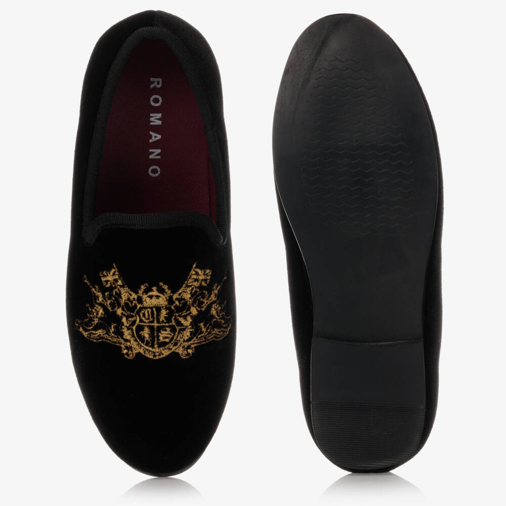 Romano-Boys Black Velvet Gold Crest Shoes | Childrensalon Outlet