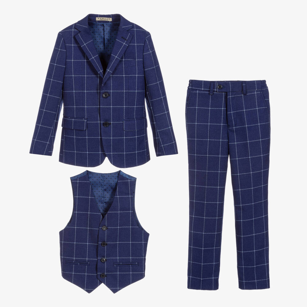 Romano-Boys Navy Checked Formal Suit | Childrensalon Outlet