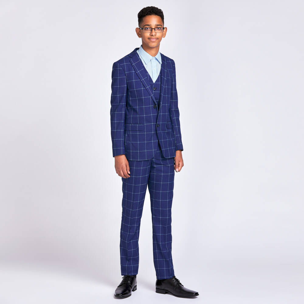 Romano-Boys Navy Checked Formal Suit | Childrensalon Outlet