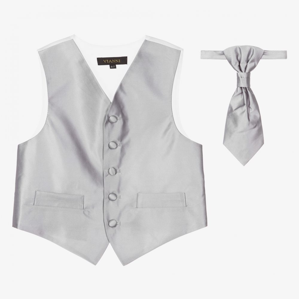 Romano Vianni Boys Silver Grey Waistcoat Adjustable Tie Set