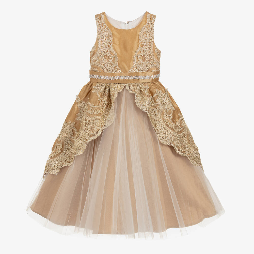 Romano Princess - Girls Gold Dress with Lace | Childrensalon