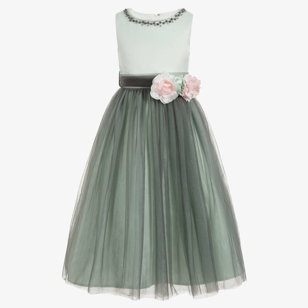 Romano-Girls Green Satin & Tulle Dress  | Childrensalon Outlet