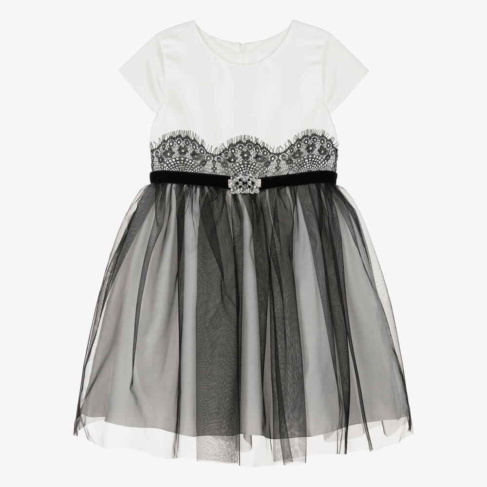 Romano-Girls Ivory Satin & Black Tulle Dress | Childrensalon Outlet