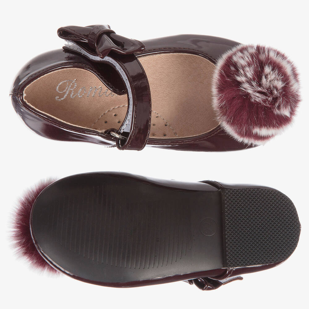 Romano Princess-Patent Burgundy Pom-Pom Shoes | Childrensalon Outlet