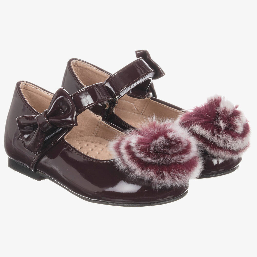 Romano Princess-Patent Burgundy Pom-Pom Shoes | Childrensalon Outlet