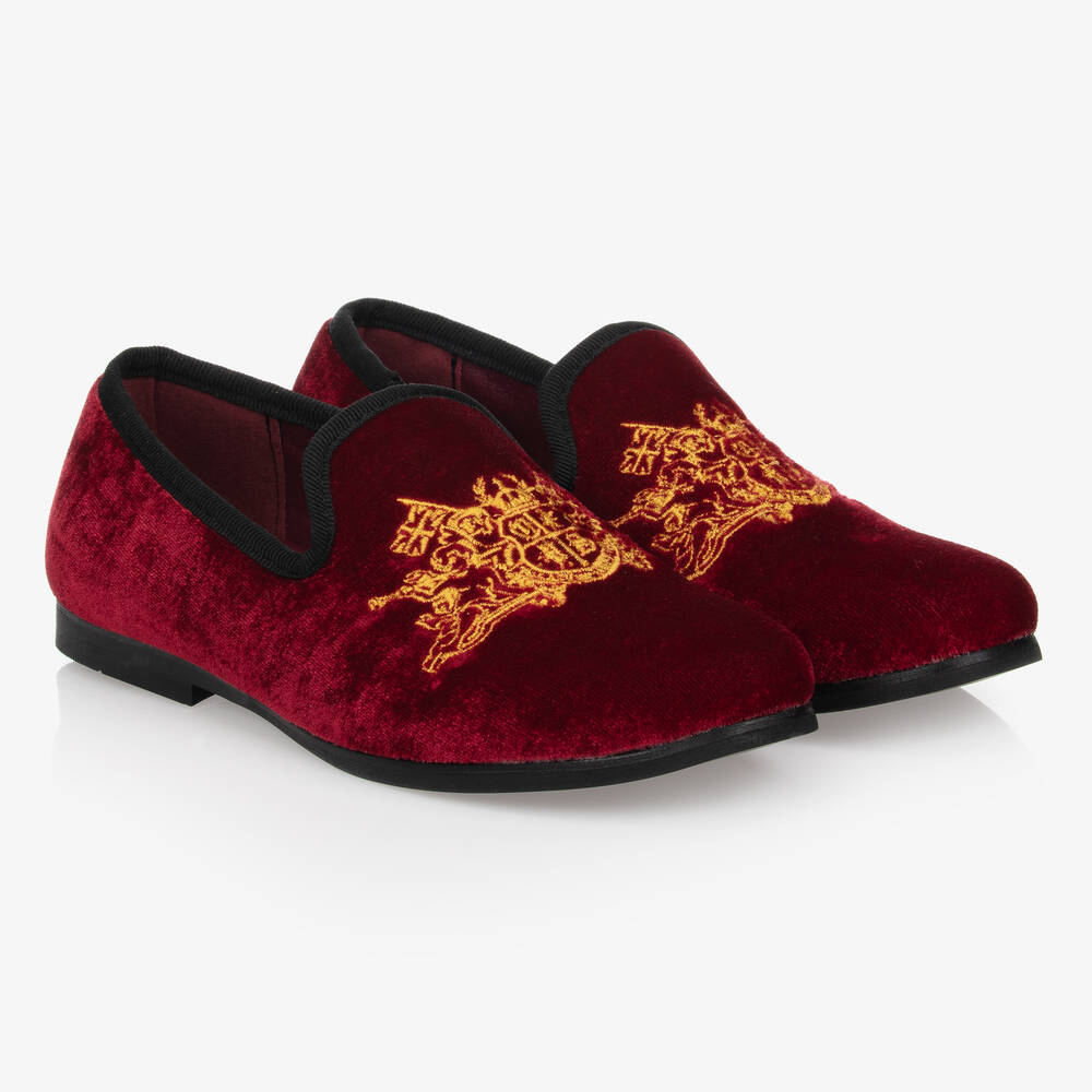 Romano - Красные бархатные туфли с золотистым гербом | Childrensalon