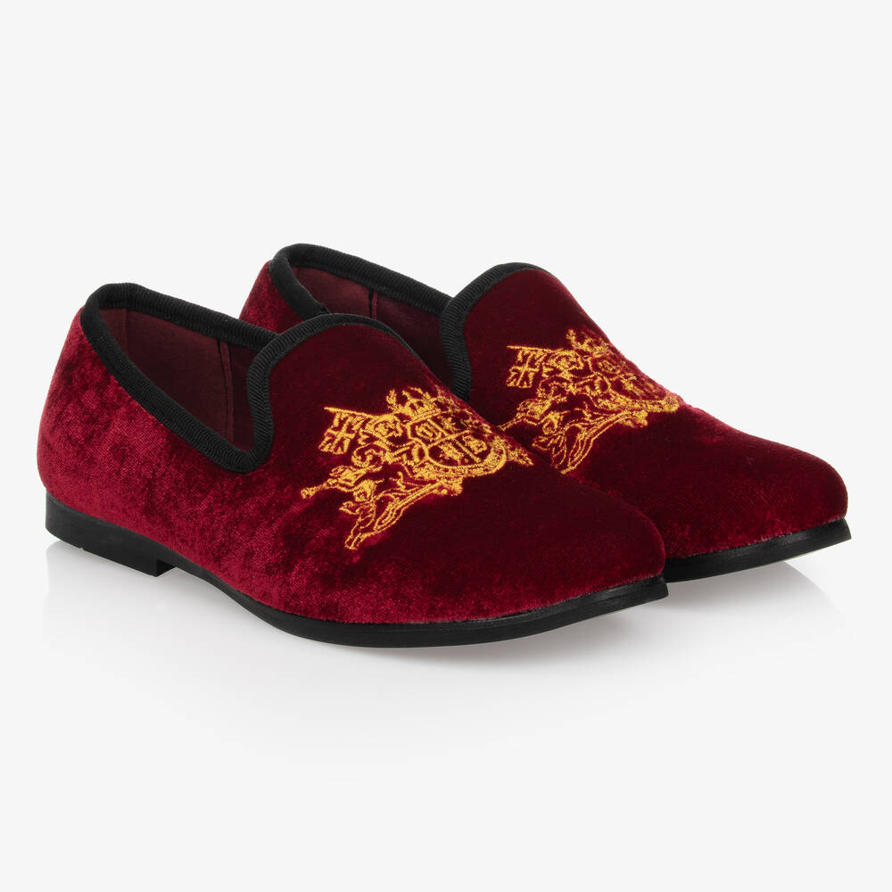 Romano - Red Velvet Gold Crest Shoes | Childrensalon