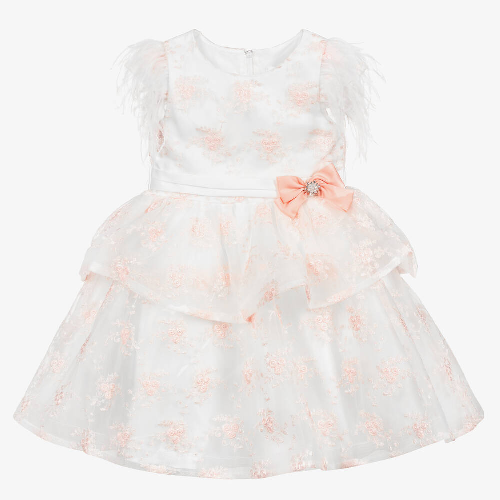 Romano Princess - فستان تول مطرز لون أبيض وزهري مزين بريش | Childrensalon