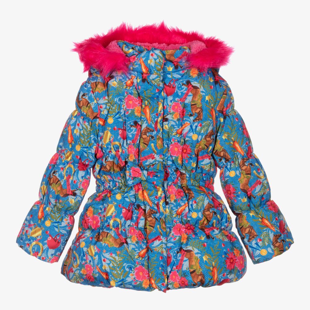 Blue Horse Print Puffer Coat