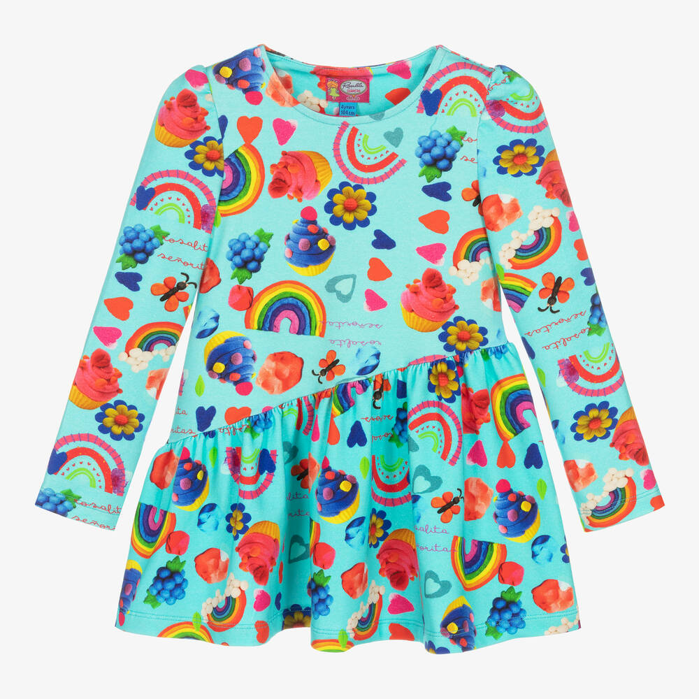 Rosalita Señoritas - Голубое хлопковое платье с радугами и капкейками | Childrensalon
