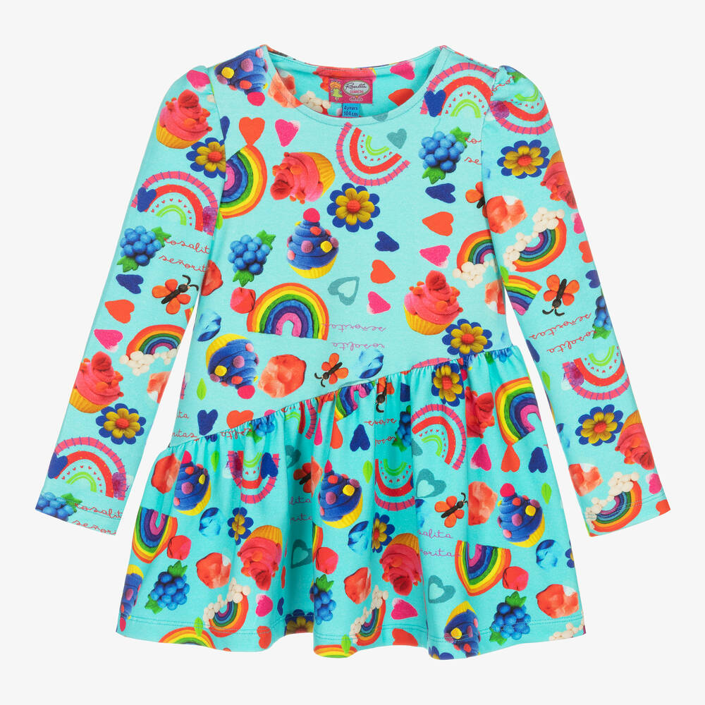 Rosalita Señoritas-Blue Rainbow & Cup Cake Cotton Dress | Childrensalon Outlet