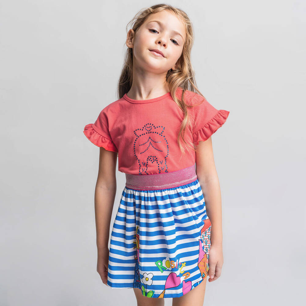 Rosalita Señoritas-تنورة فيسكوز بوبلين مقلم لون أبيض وأزرق | Childrensalon Outlet