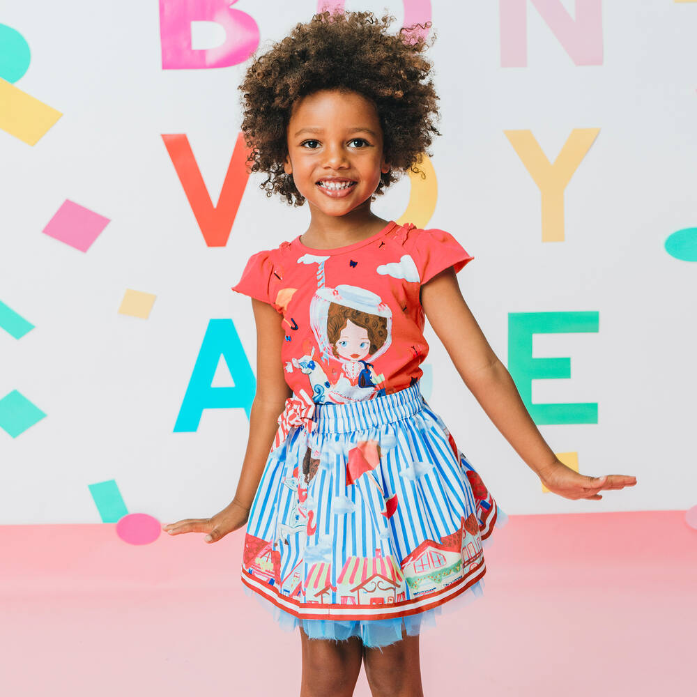 Rosalita Señoritas-تنورة لون أزرق وأبيض بطبعة ملونة | Childrensalon Outlet