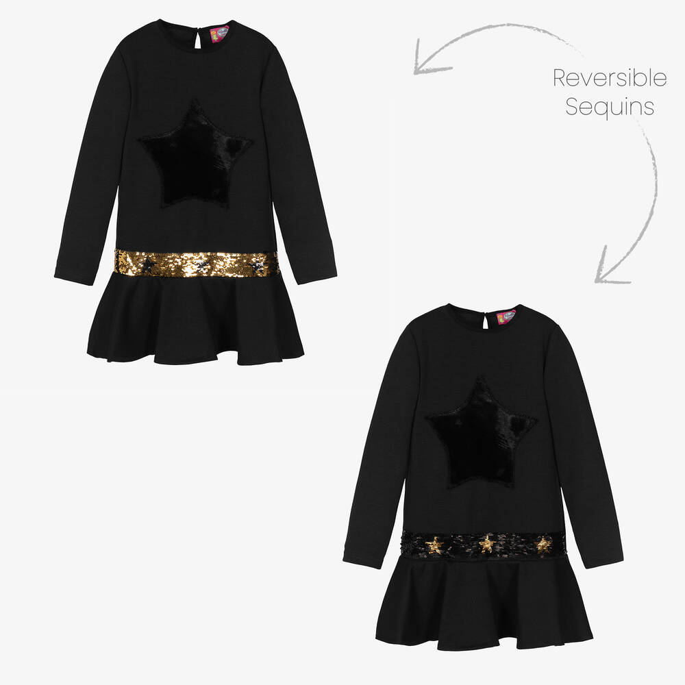 Rosalita Señoritas - فستان قطن جيرسي مزين بترتر لون أسود وذهبي | Childrensalon