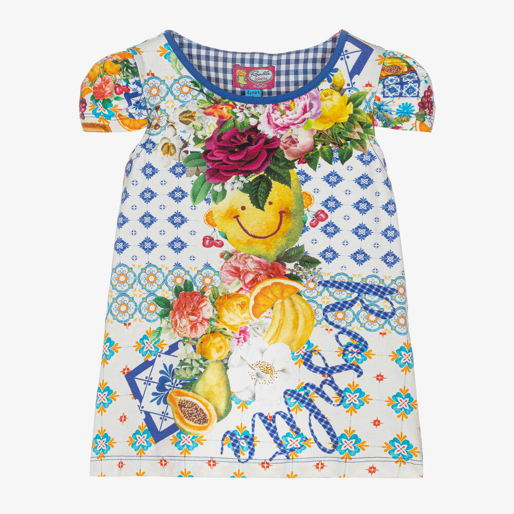 Rosalita Señoritas - Girls Blue Cotton Floral Fruit T-Shirt | Childrensalon