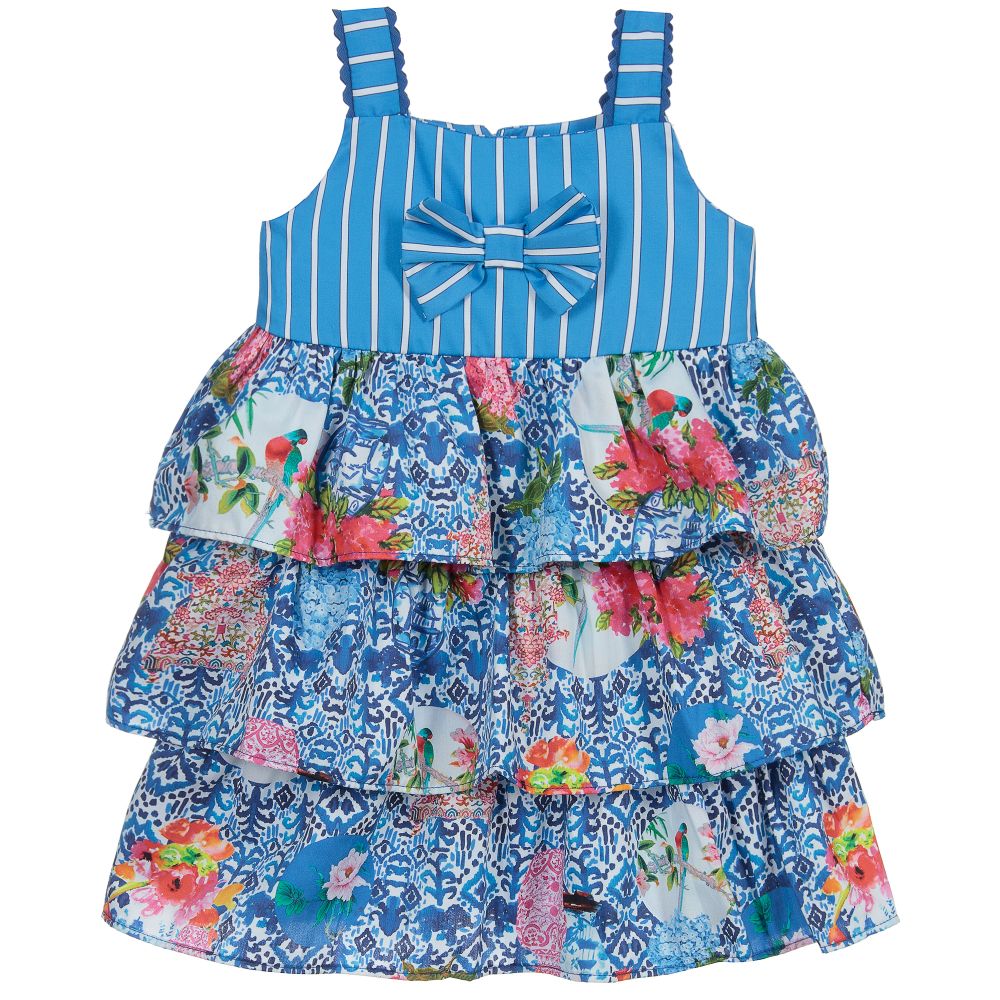 Rosalita Señoritas - فستان قطن بوبلين لون أزرق وأبيض بطبعة ورود | Childrensalon