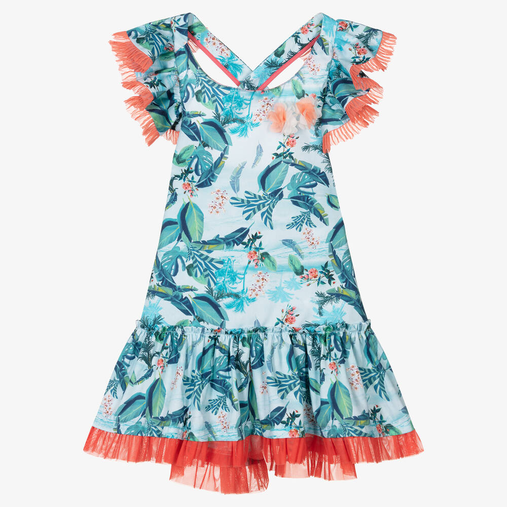 Rosalita Señoritas - Girls Blue & Orange Tropical Ruffle Dress | Childrensalon
