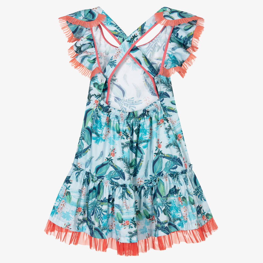 Rosalita Señoritas-فستان قطن مزين بكشكش لون أزرق وبرتقالي | Childrensalon Outlet