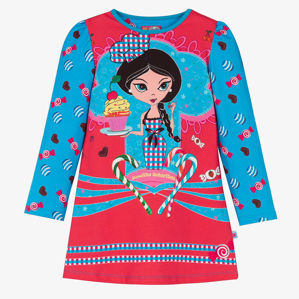 Rosalita Señoritas - Girls Blue & Pink Cotton Dress | Childrensalon