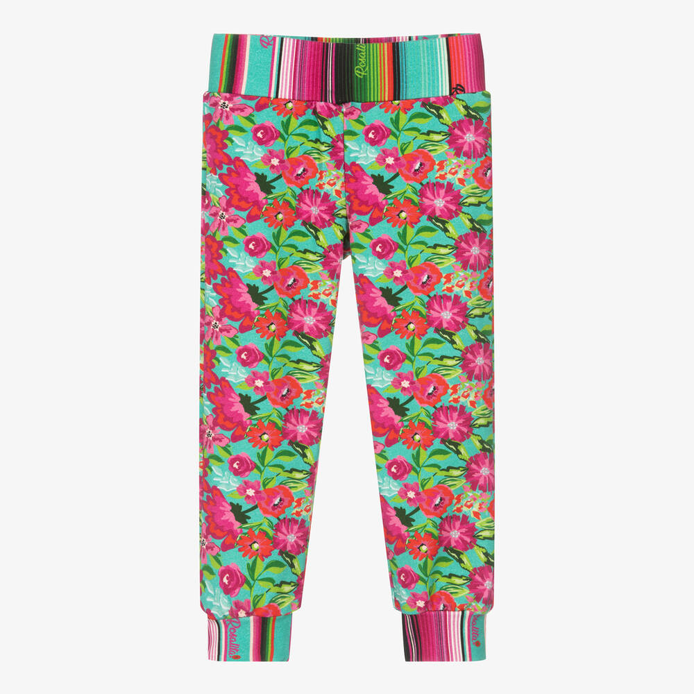 Girls Blue Pink Viscose Floral Joggers