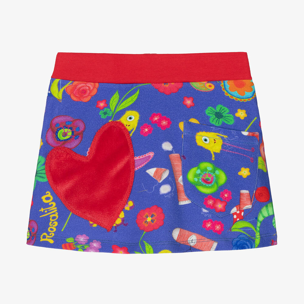 Rosalita Señoritas - Girls Blue & Red Floral Cotton Skirt | Childrensalon