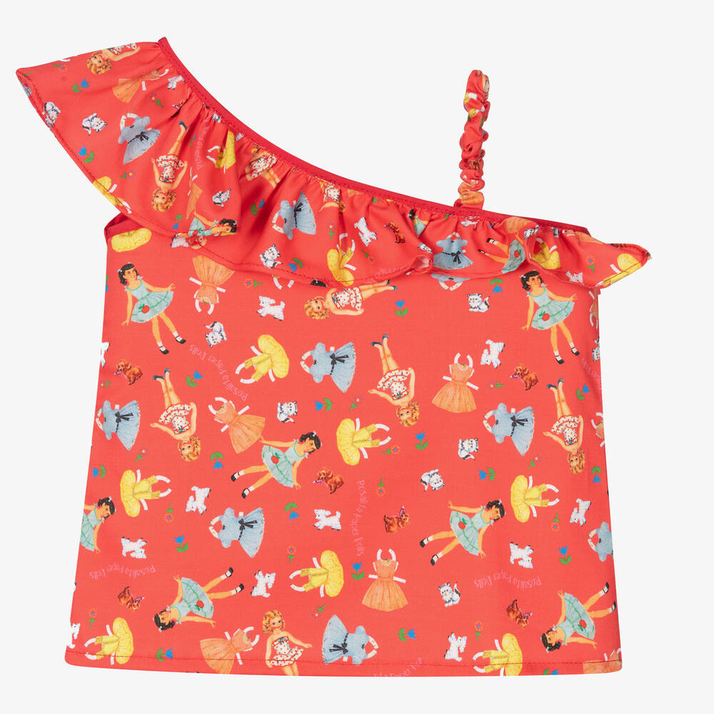 Rosalita Señoritas - Girls Coral Red Cotton Blouse | Childrensalon