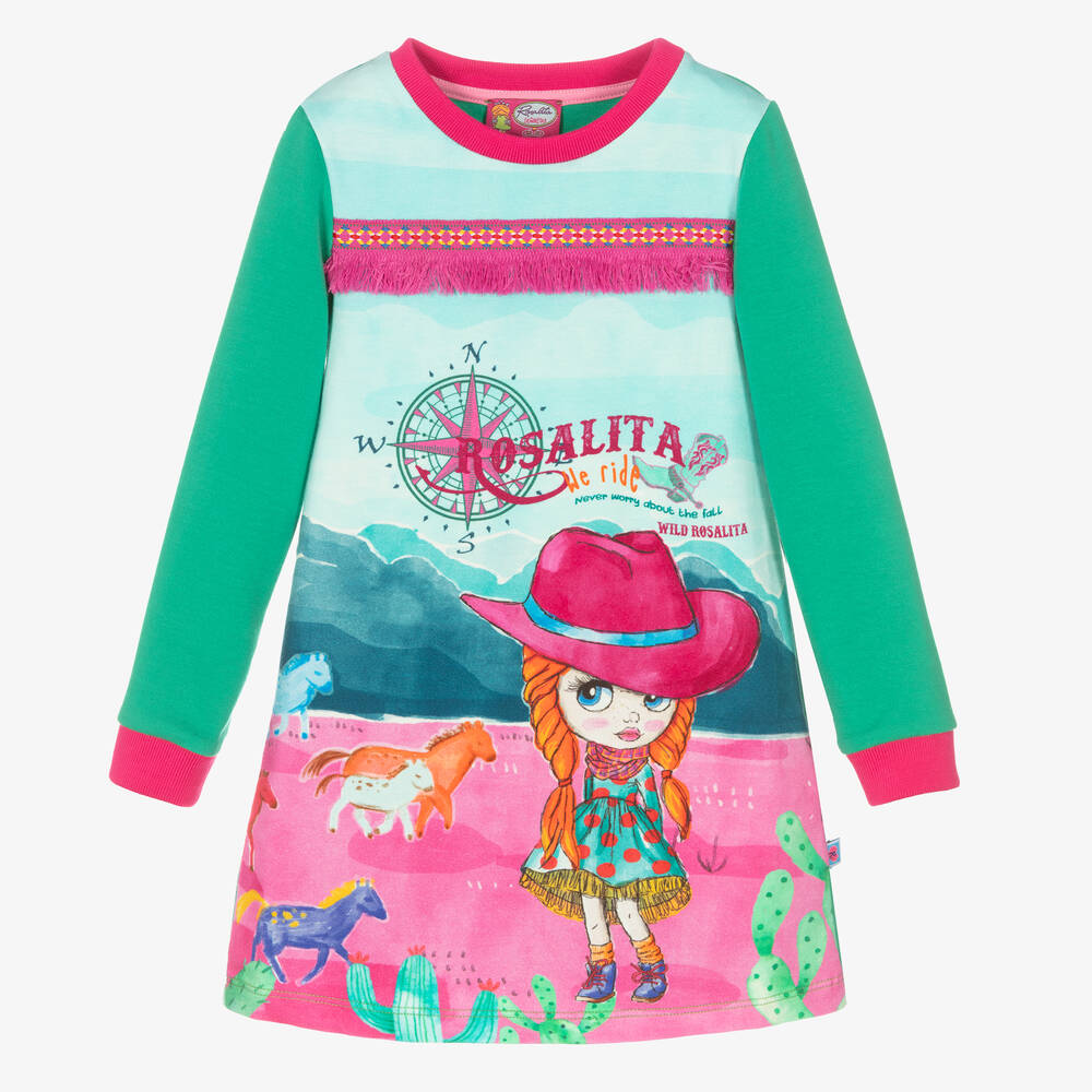 Rosalita Señoritas - Girls Green & Pink Cotton Dress | Childrensalon