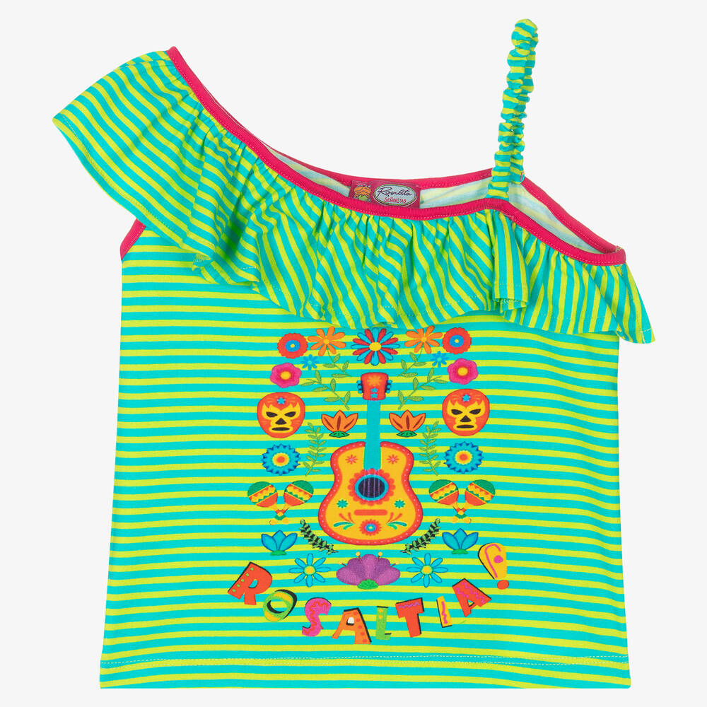 Rosalita Señoritas - T-shirt asymétrique vert rayé fille | Childrensalon