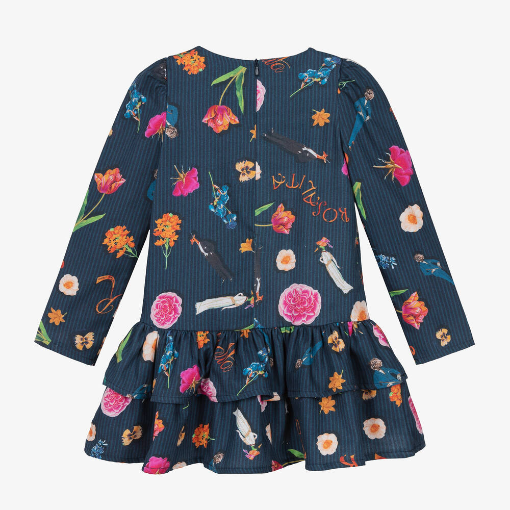 Rosalita Señoritas-Girls Navy Blue Cotton Floral Dress | Childrensalon Outlet
