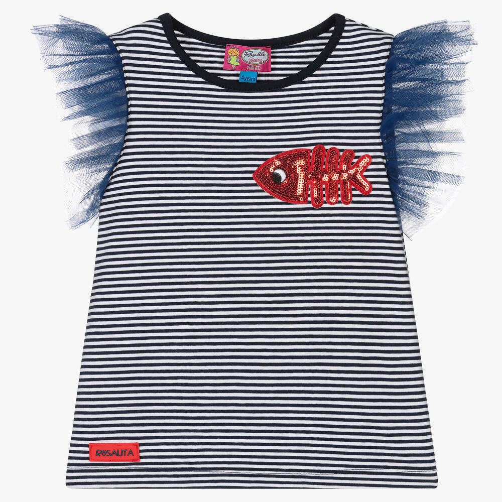 Rosalita Señoritas - Girls Navy Blue Striped Sequin T-Shirt | Childrensalon