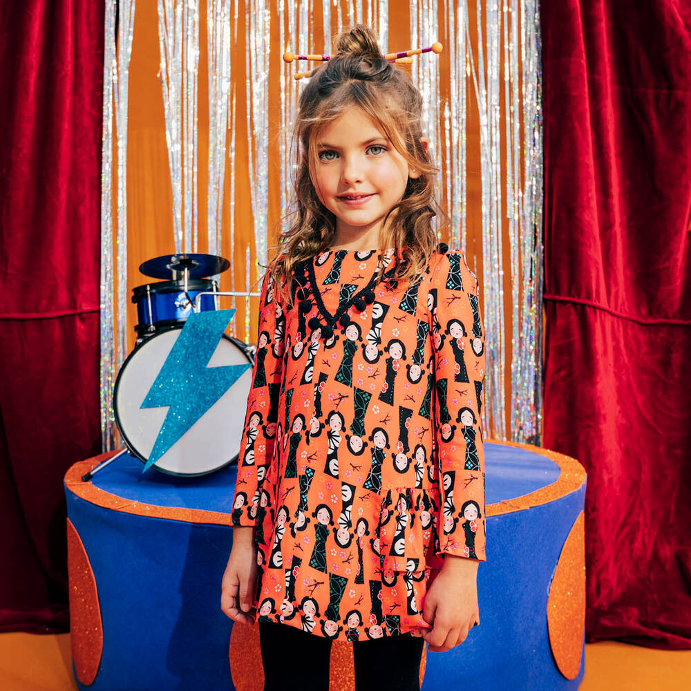 Rosalita Señoritas-فستان فيسكوز تويل لون برتقالي بطبعة ملونة | Childrensalon Outlet