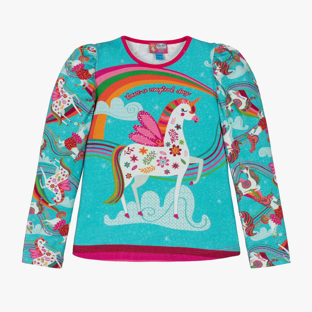 Rosalita Señoritas-Girls Turquoise Blue Unicorn Cotton Top | Childrensalon Outlet
