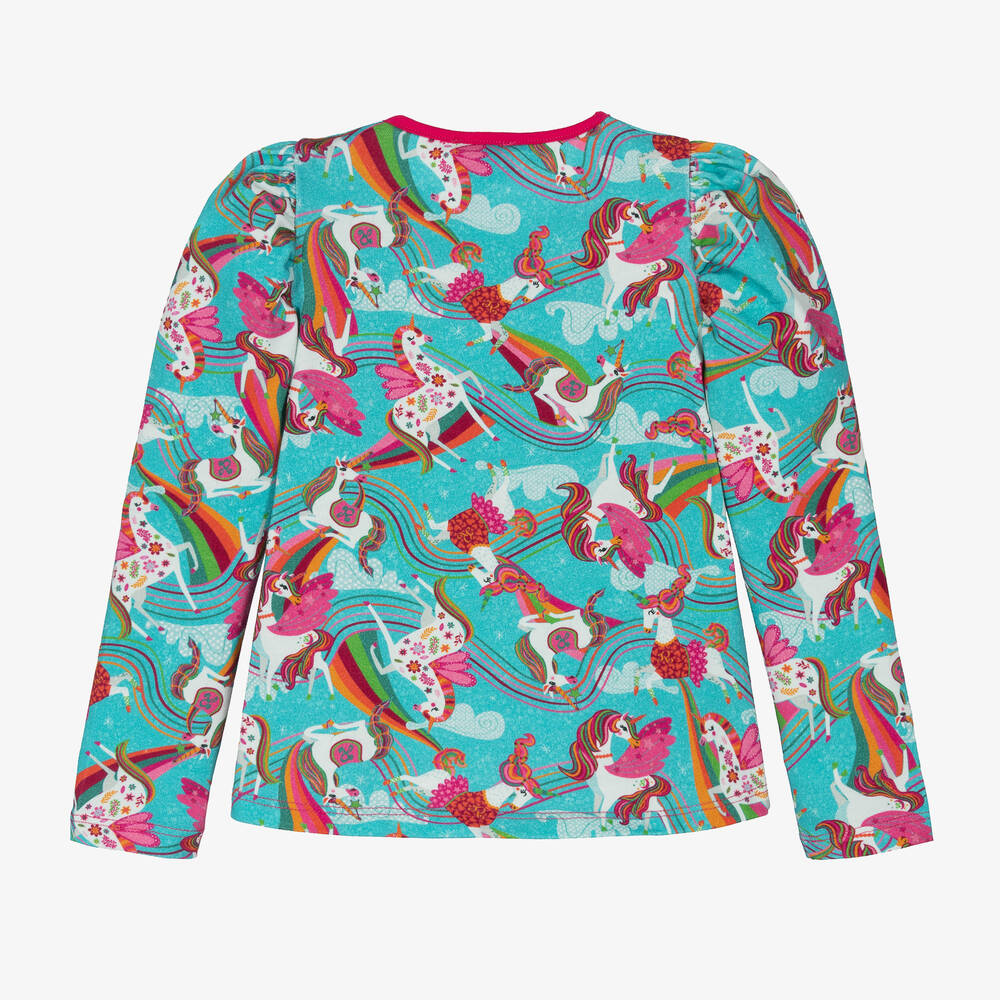 Rosalita Señoritas-Girls Turquoise Blue Unicorn Cotton Top | Childrensalon Outlet