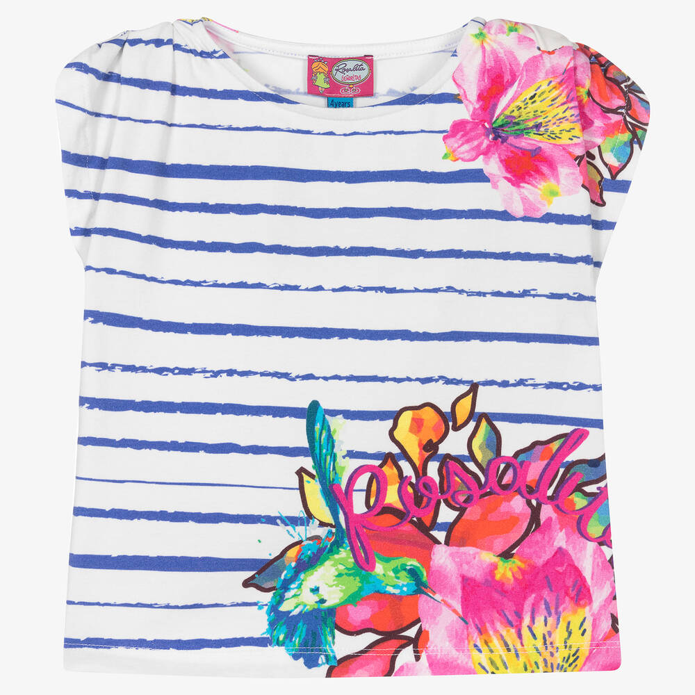 Rosalita Señoritas-Girls White & Blue Striped Floral T-Shirt | Childrensalon Outlet