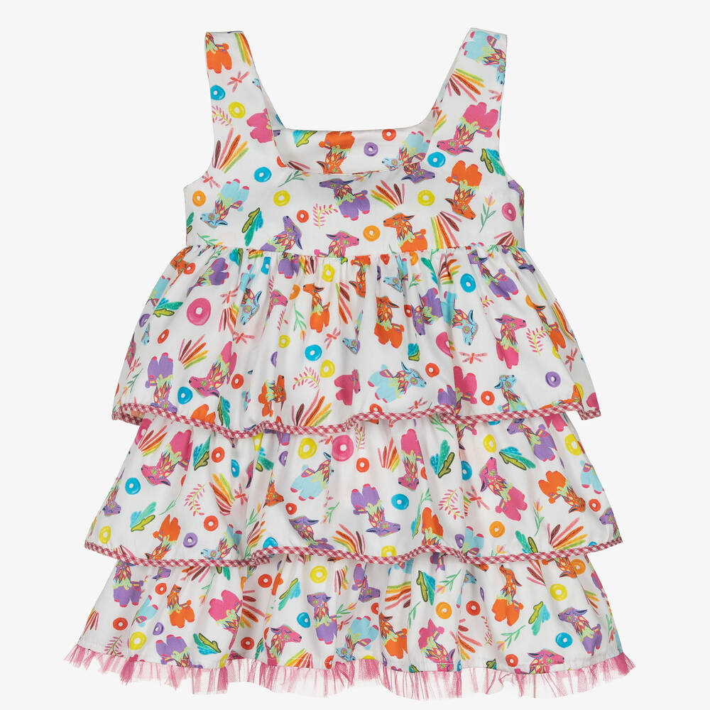 Rosalita Señoritas-Girls White Cotton Llama Dress | Childrensalon Outlet