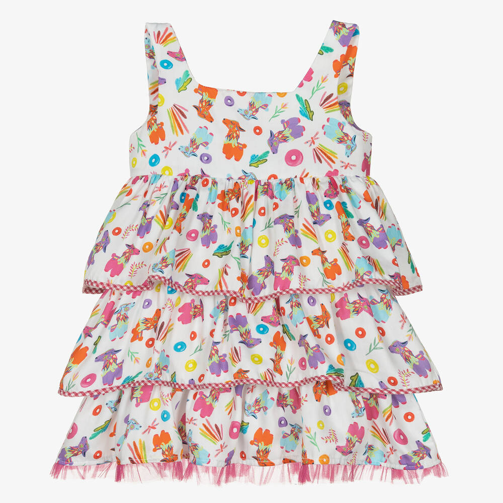 Rosalita Señoritas - Girls White Cotton Llama Dress | Childrensalon
