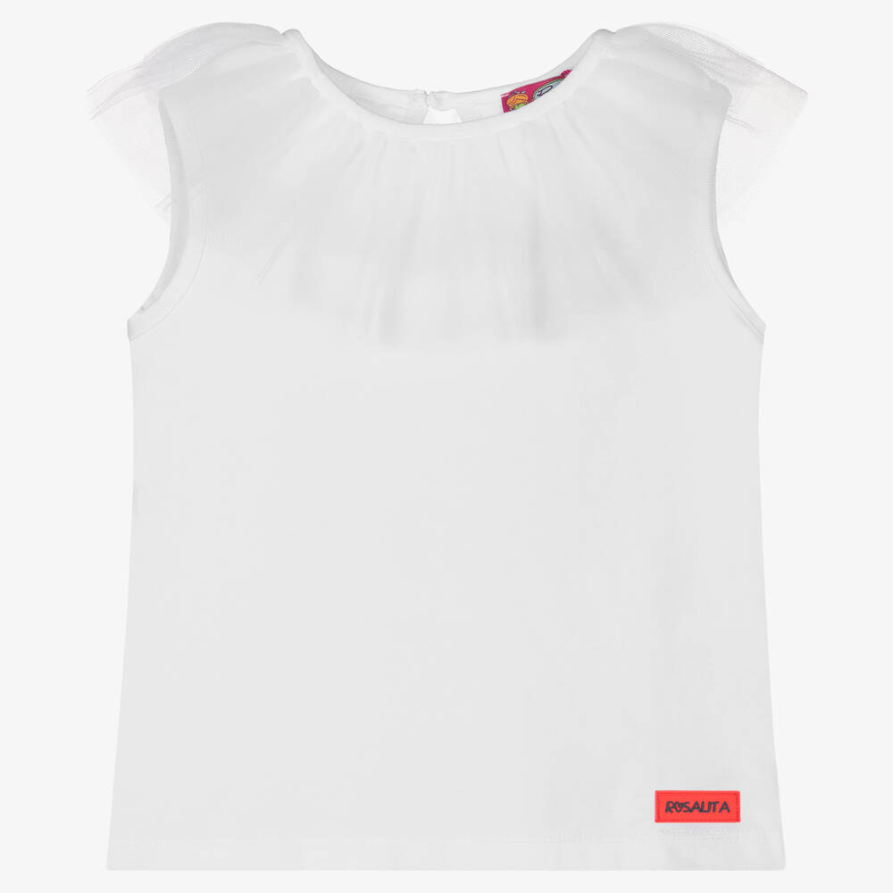 Rosalita Señoritas - Girls White Cotton & Tulle T-Shirt | Childrensalon
