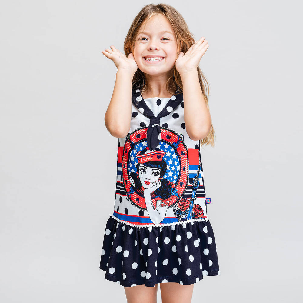 روزاليتا سنيوريتا-فستان قطن جيرسي منقط لون كحلي وأبيض | Childrensalon Outlet
