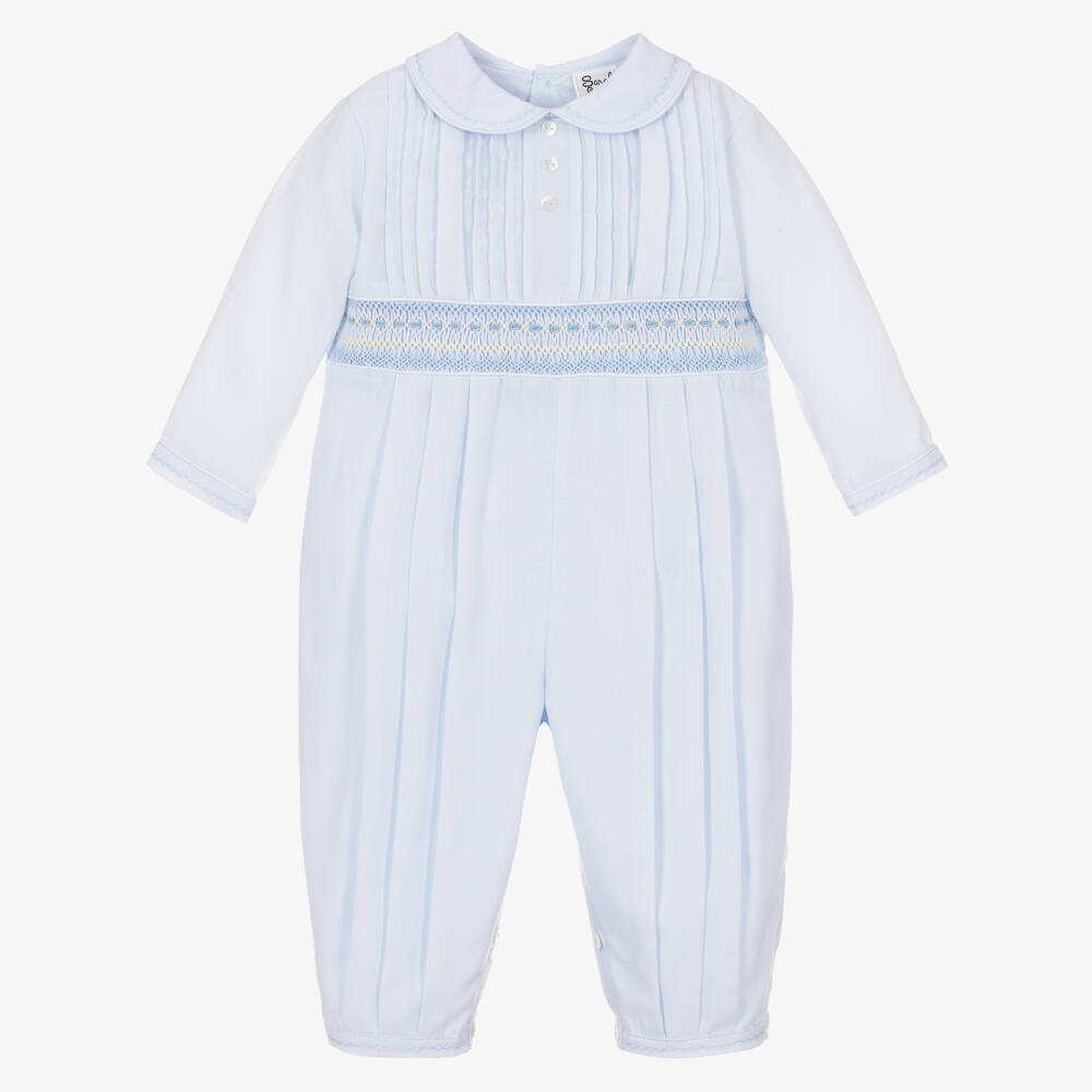 Sarah Louise - Baby Boys Blue Smocked Cotton Romper | Childrensalon