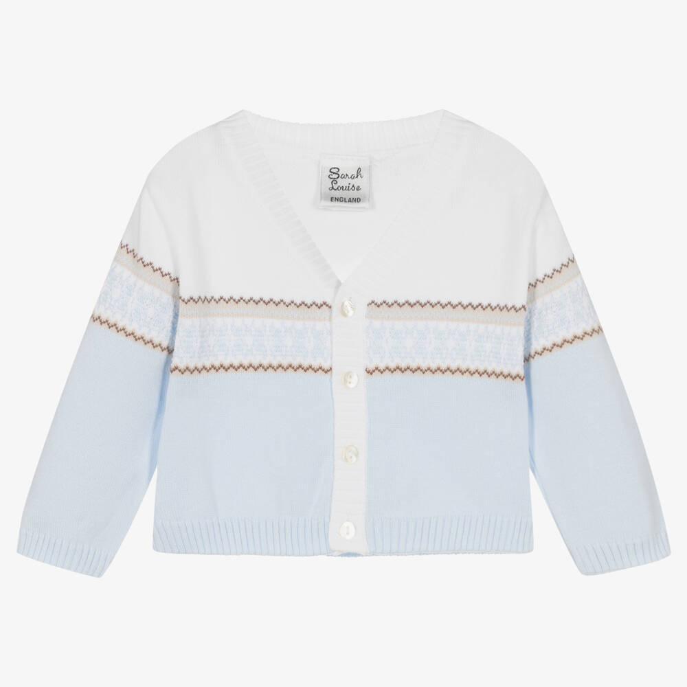 Sarah Louise - Baby Boys Blue & White Cotton Cardigan  | Childrensalon