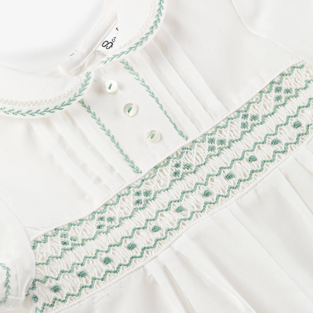 Sarah Louise-Baby Boys Ivory & Sage Green Embroidered Shortie | Childrensalon Outlet