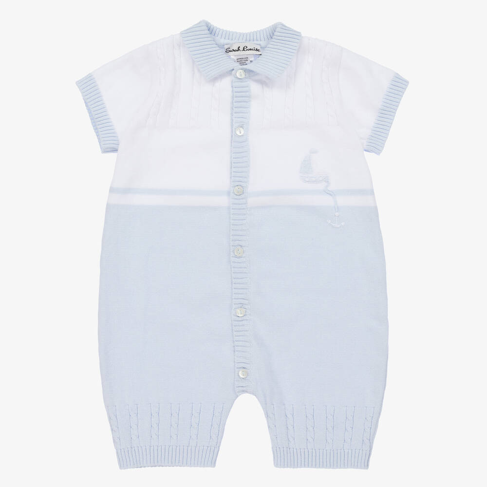 Sarah Louise - Baby Boys White & Blue Knitted Shortie | Childrensalon