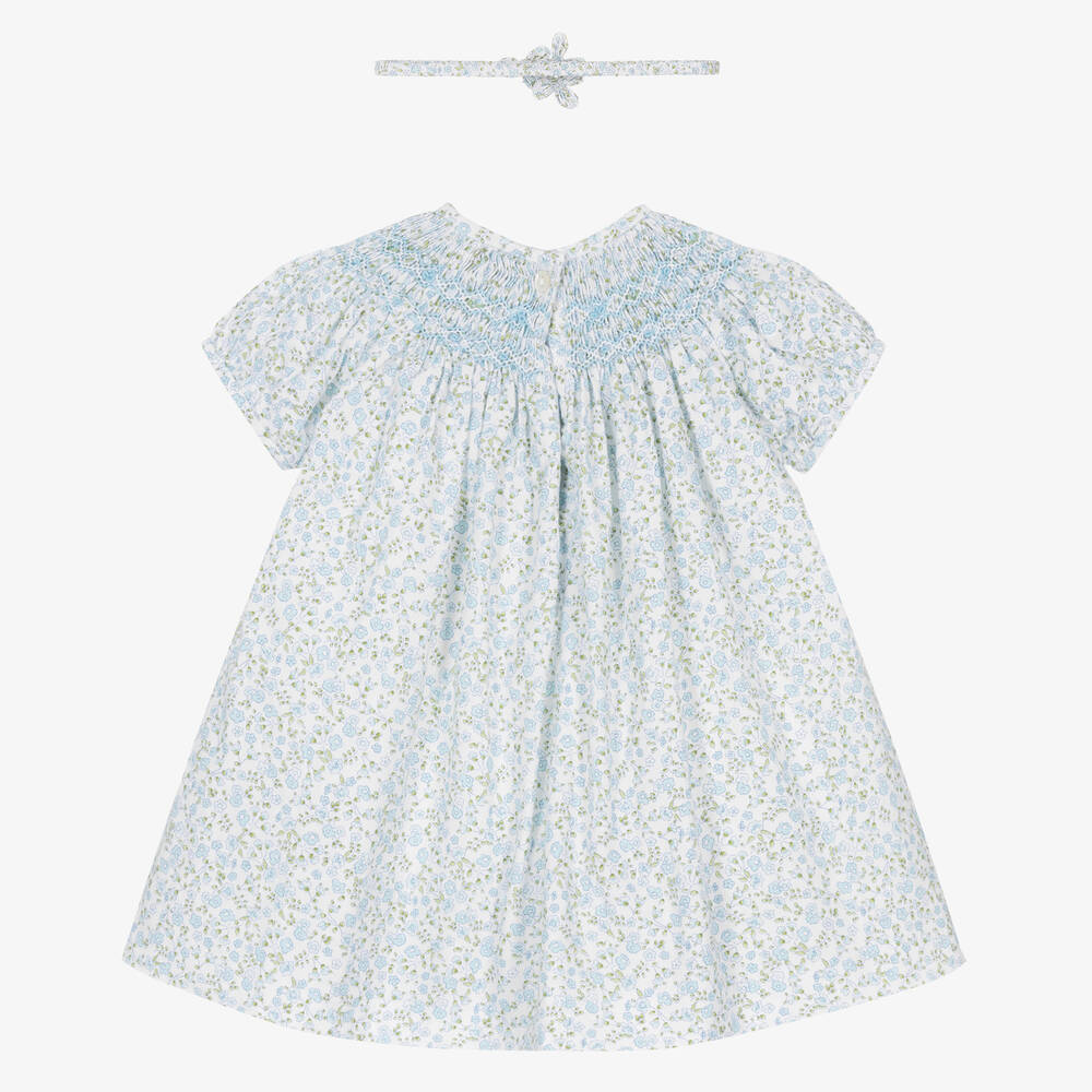 سارا لويز-طقم فستان مطرز سموك مزيج قطن لون أزرق فاتح | Childrensalon Outlet