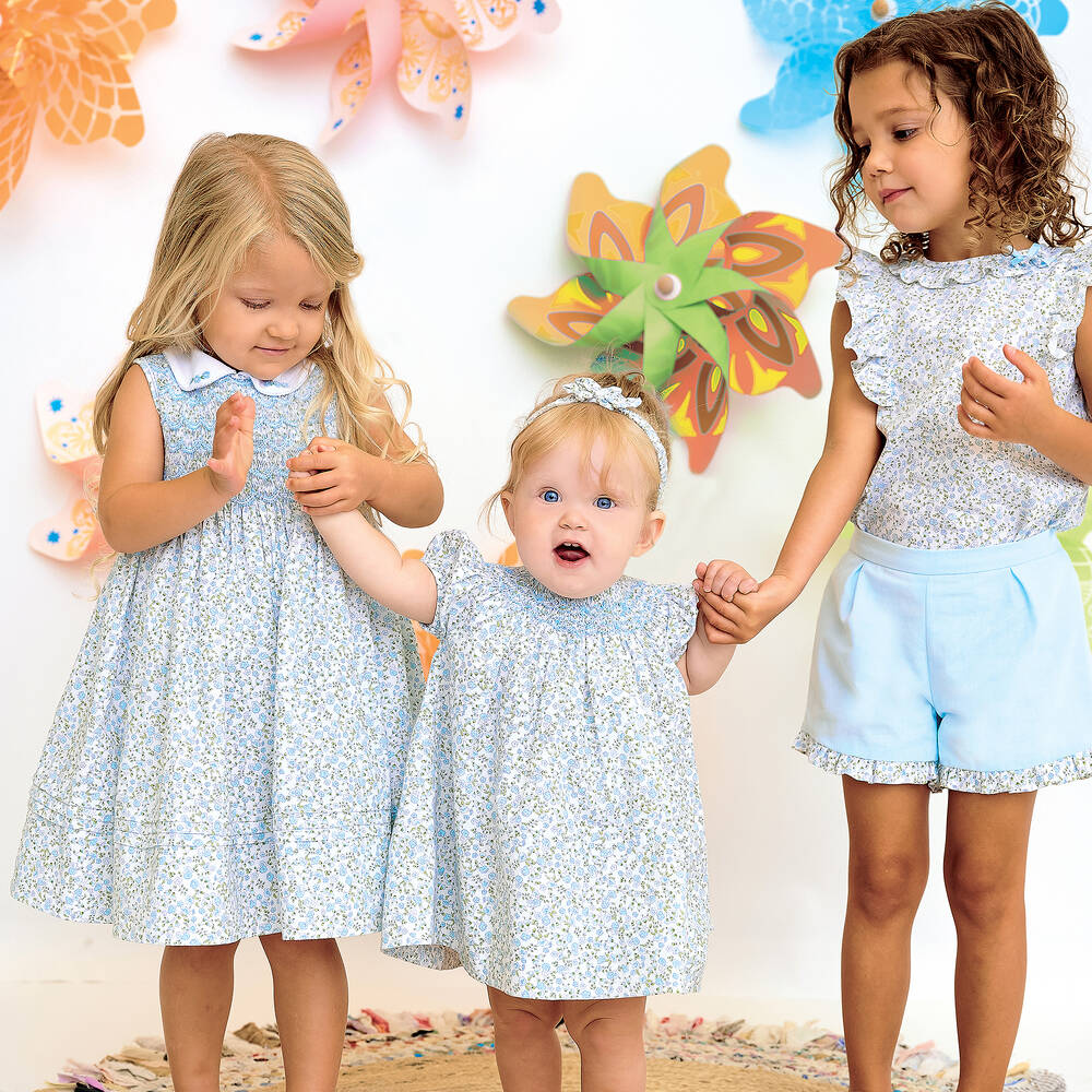 Sarah Louise Baby Girls Blue Smocked Floral Dress Set