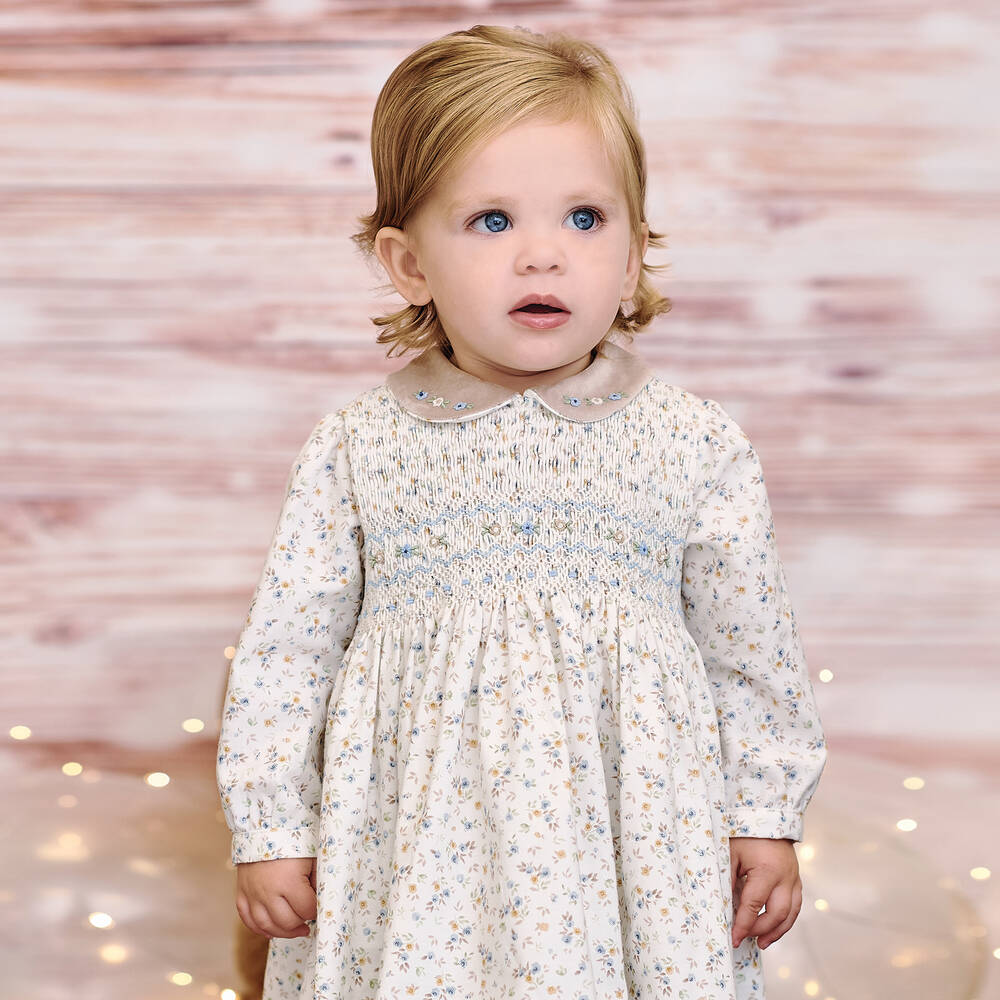 Sarah Louise ★ White 花柄コットンドレス3点セット ★2-3Y Sarah Louise - Baby Girls Ivory Floral Smocked Dress
