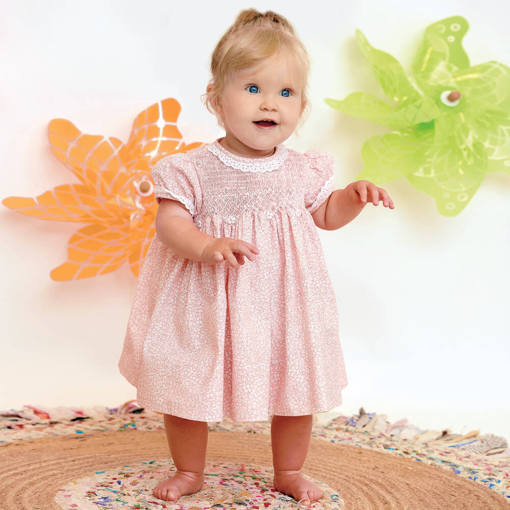 Sarah Louise-Baby Girls Pink Hand-Smocked Floral Dress | Childrensalon Outlet